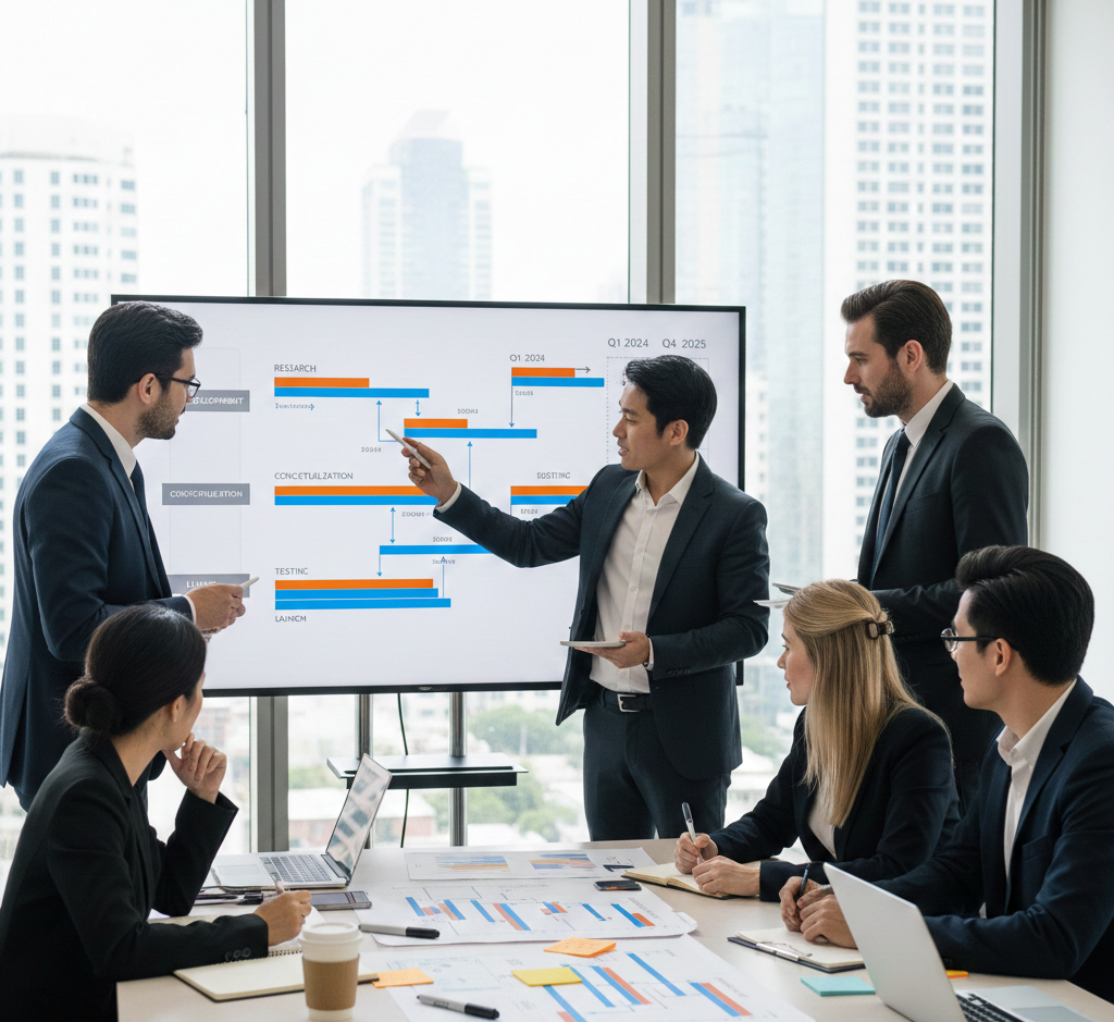 Strategische projectplanning sessie met tijdlijn visualisatie